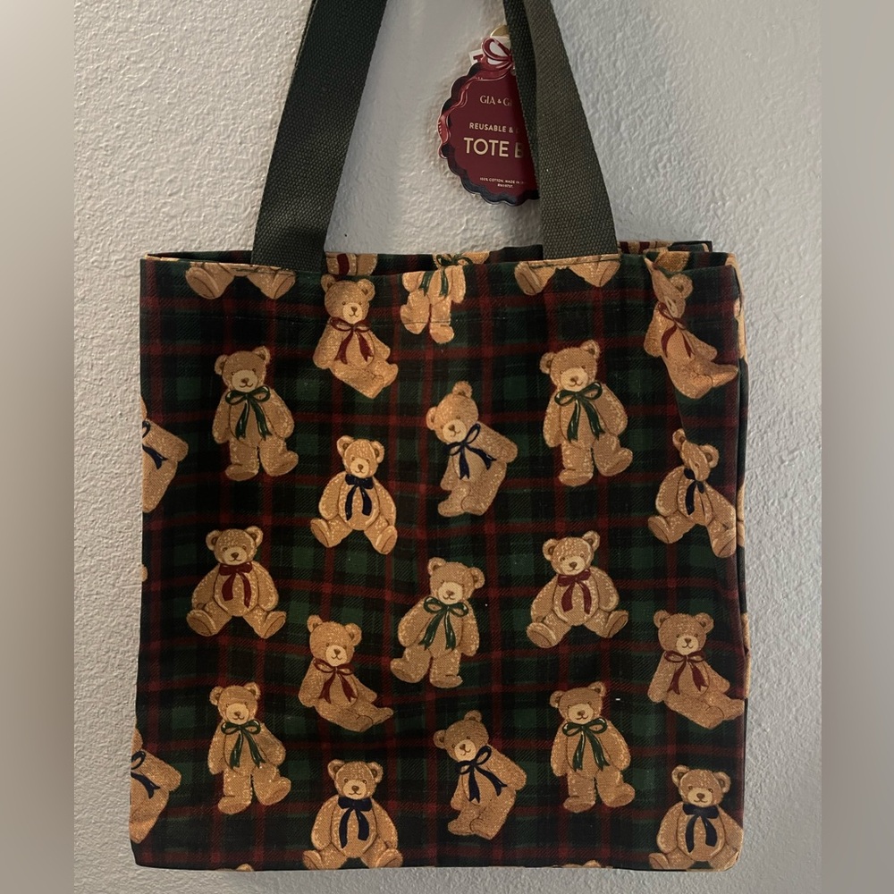 Plaid Christmas Teddy Bear with Bow Tote Bag
